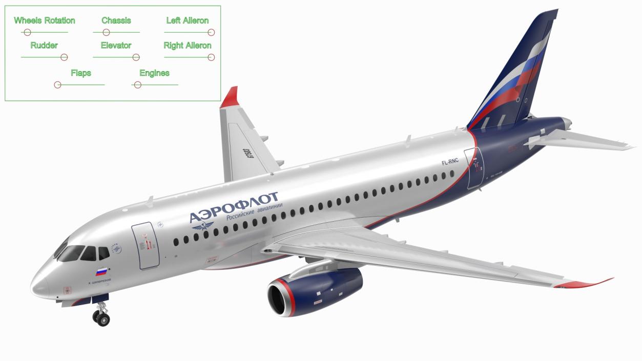 3D model Sukhoi Superjet 100 with Saberlets Aeroflot Rigged