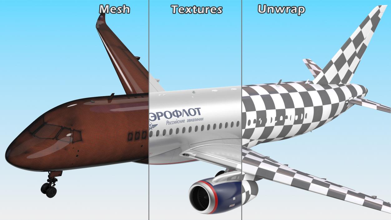 3D model Sukhoi Superjet 100 with Saberlets Aeroflot Rigged