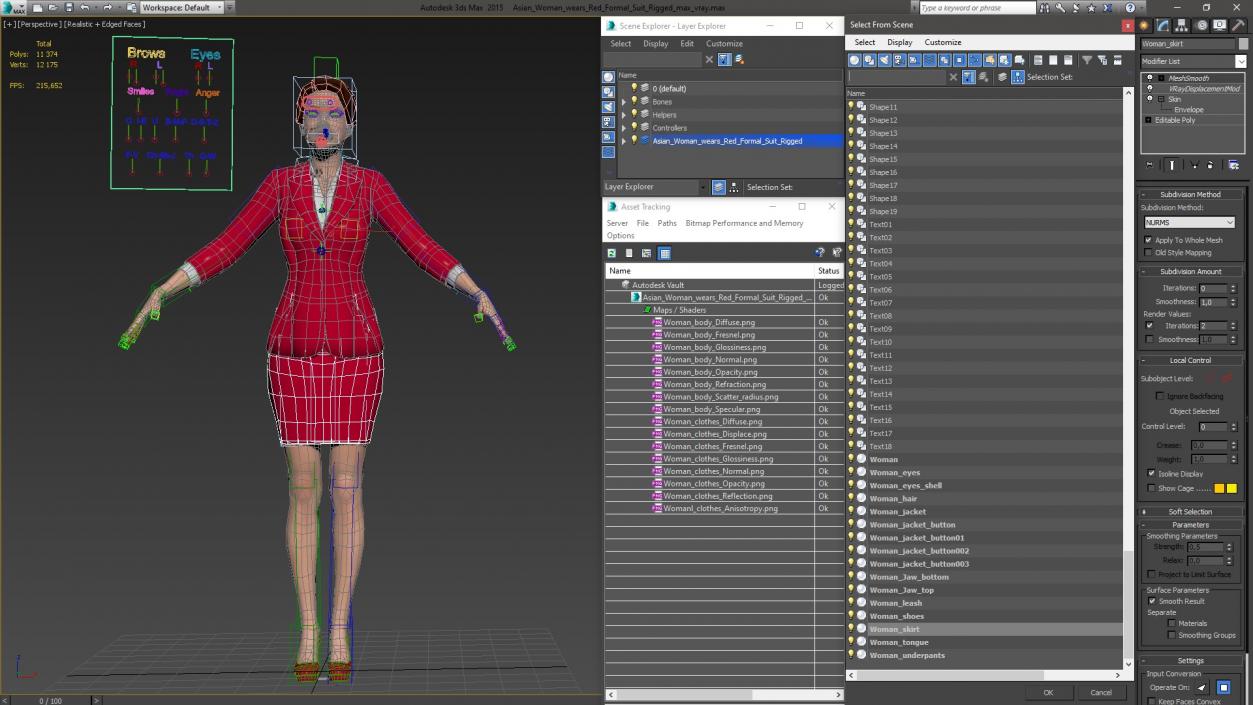 3D model Asian Woman wears Red Formal Suit Rigged