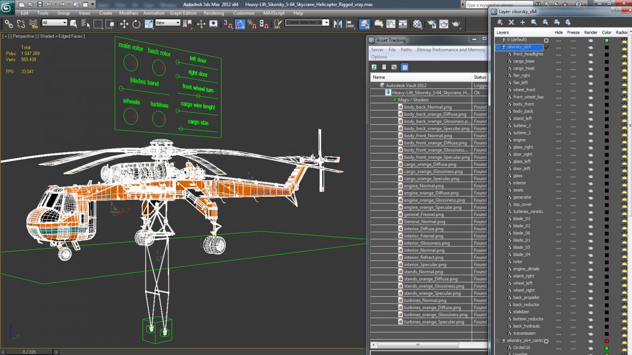 3D Heavy-Lift Sikorsky S-64 Skycrane Helicopter Rigged