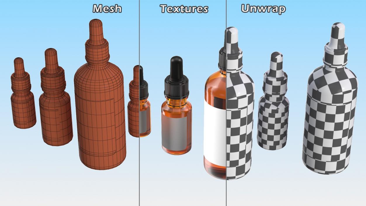 3D Amber Glass Dropper Bottles Set