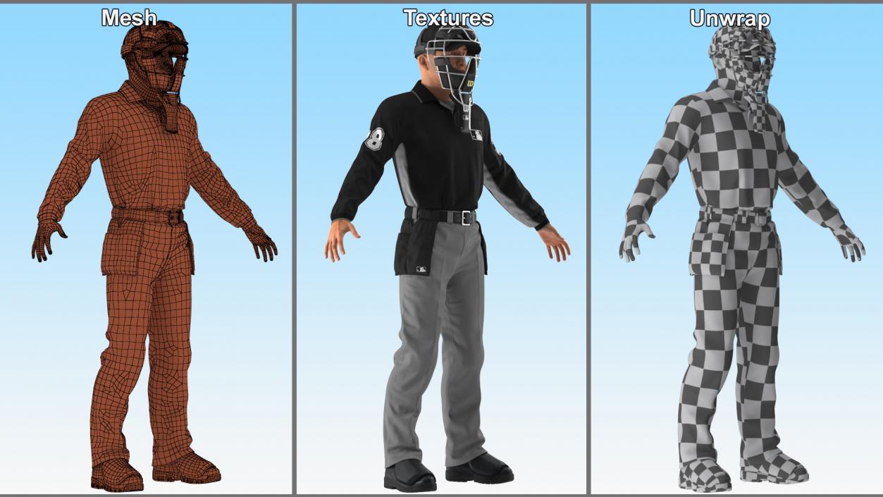 3D Baseball Umpire with Protective Mask A-Pose model