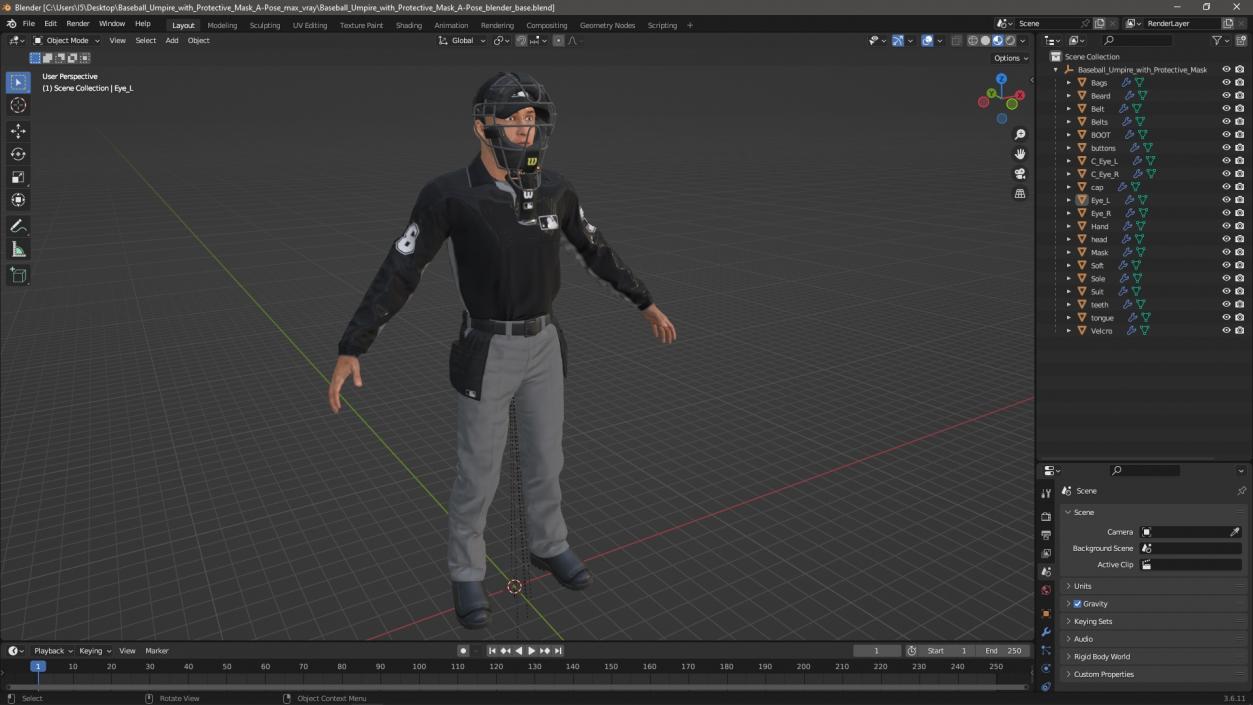 3D Baseball Umpire with Protective Mask A-Pose model