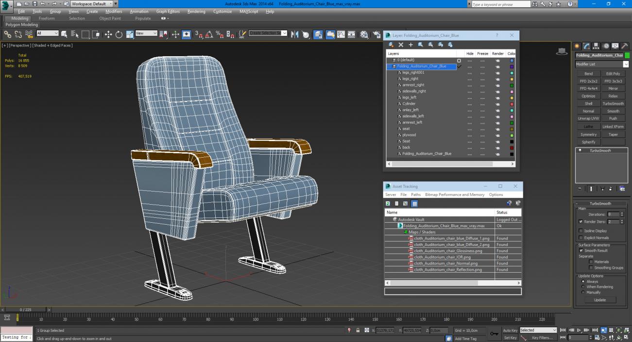 Folding Auditorium Chair Blue 3D model