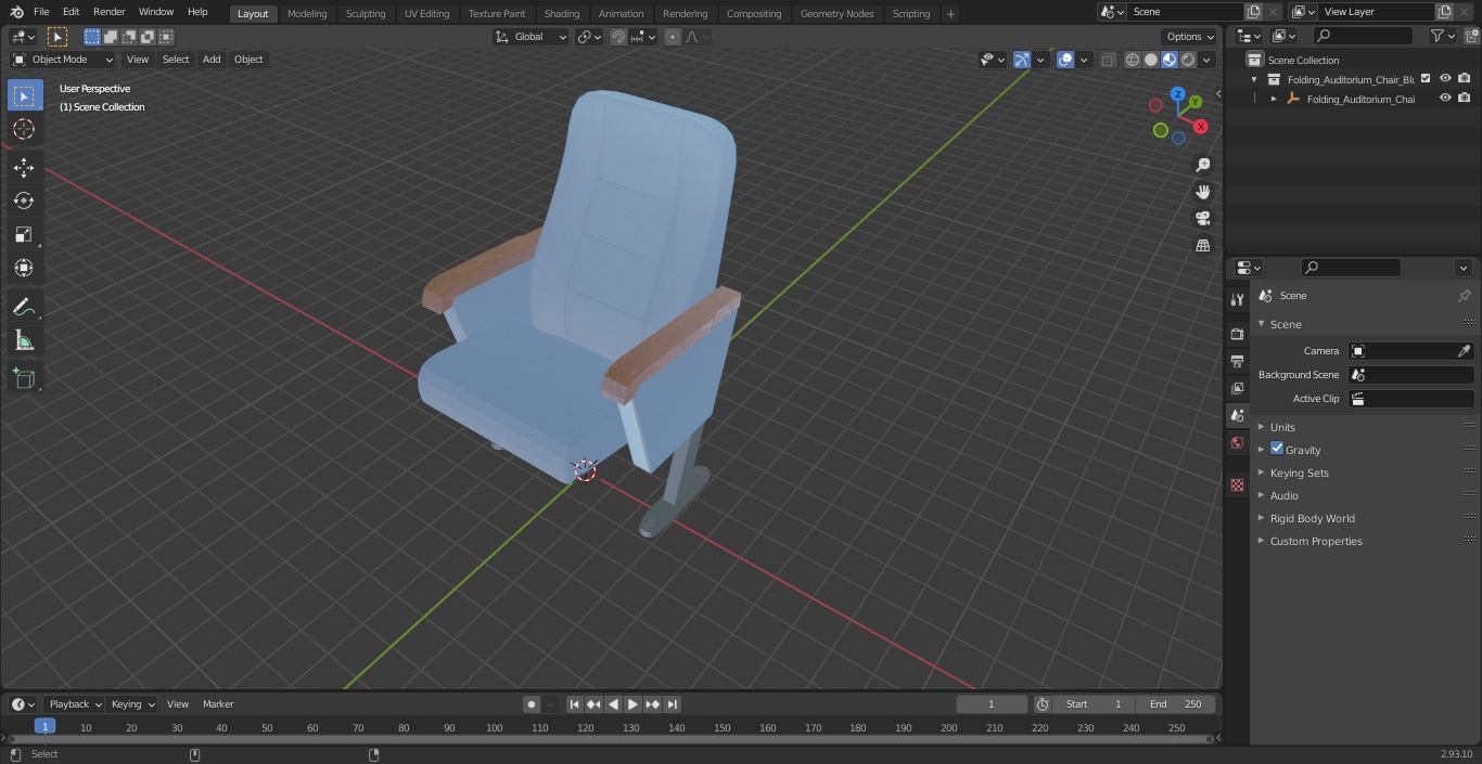 Folding Auditorium Chair Blue 3D model