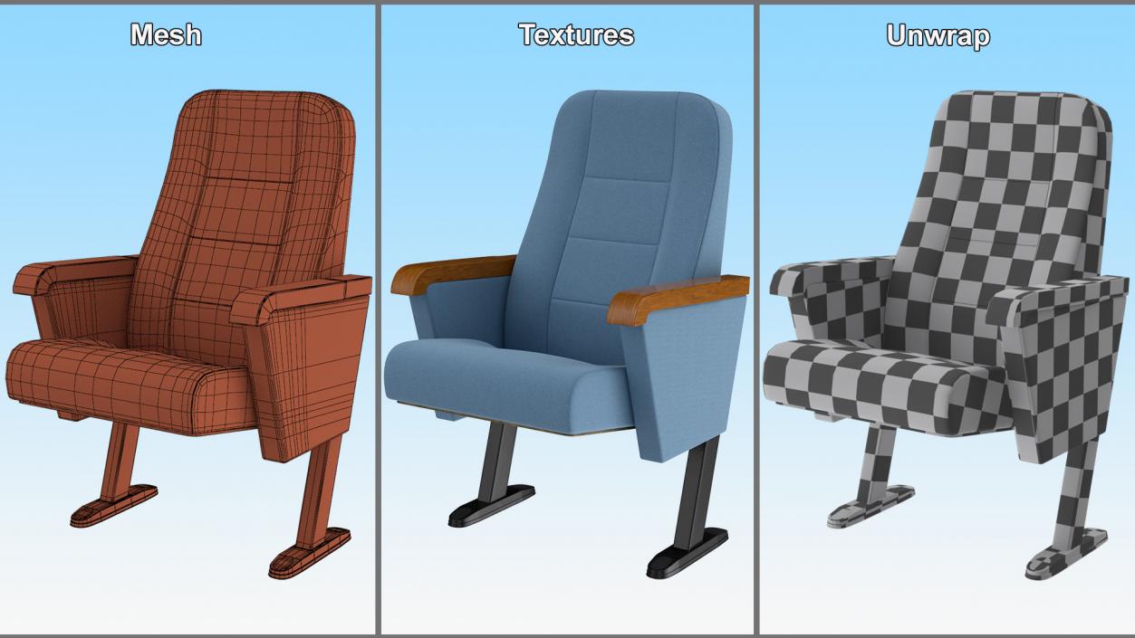 Folding Auditorium Chair Blue 3D model