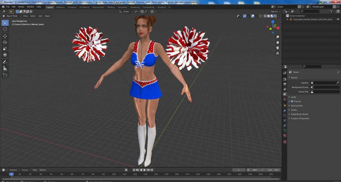 Caucasian Female Dancer with Pom-poms T-pose 3D model