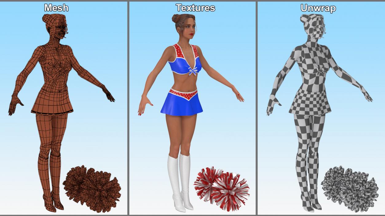 Caucasian Female Dancer with Pom-poms T-pose 3D model