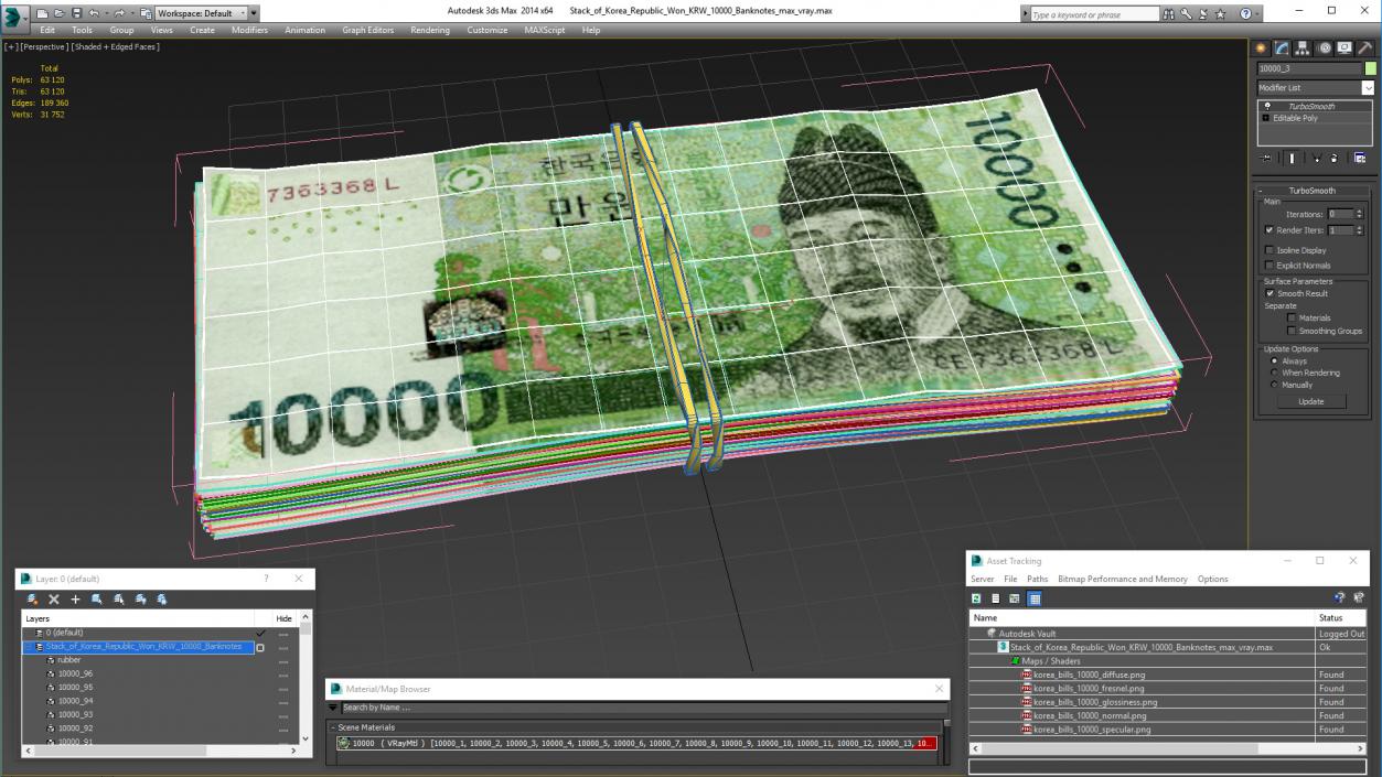 Stack of Korea Republic Won KRW 10000 Banknotes 3D