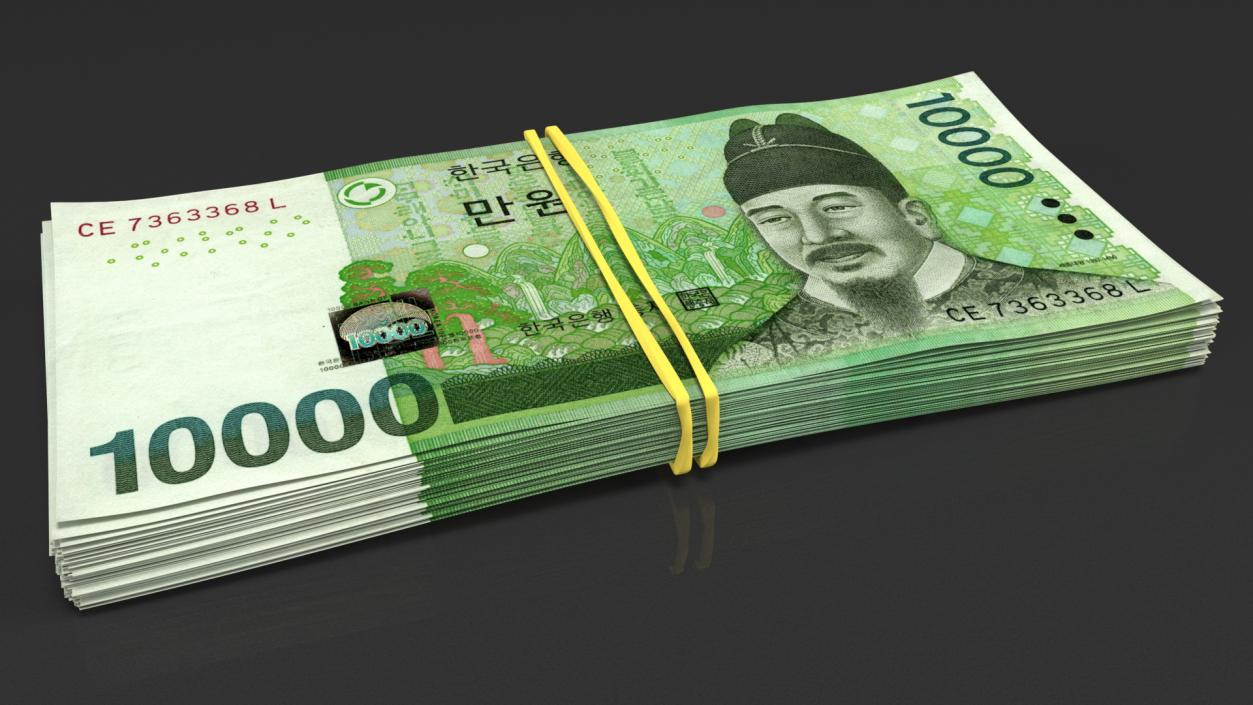 Stack of Korea Republic Won KRW 10000 Banknotes 3D