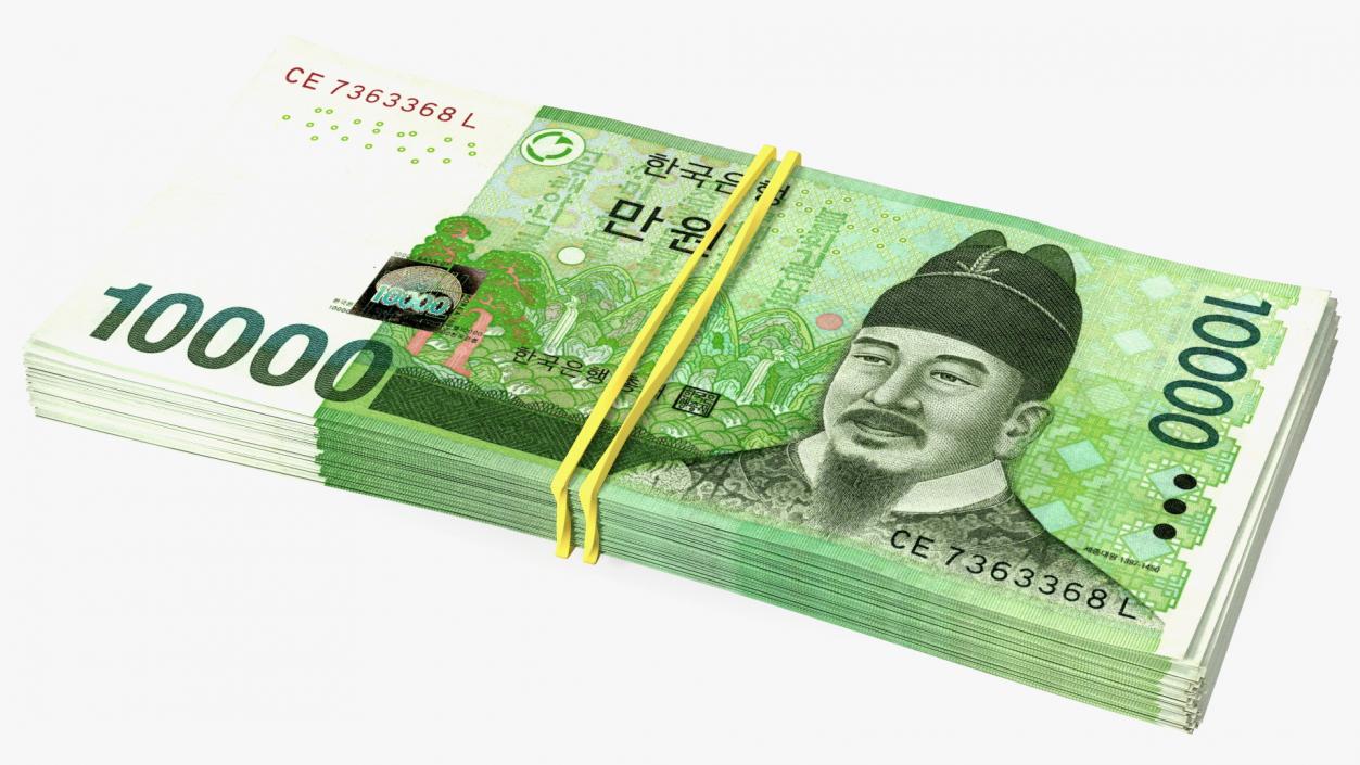 Stack of Korea Republic Won KRW 10000 Banknotes 3D