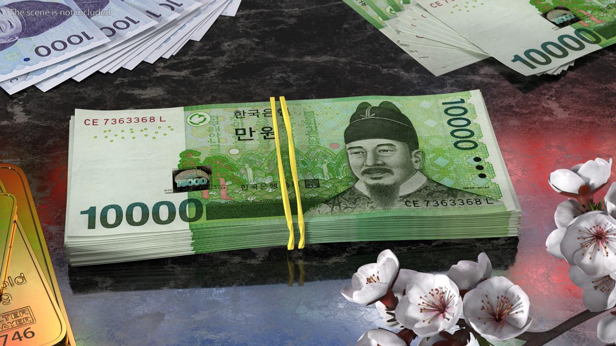 Stack of Korea Republic Won KRW 10000 Banknotes 3D