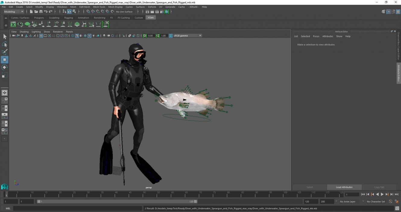 3D model Diver with Underwater Speargun and Fish Rigged for Maya