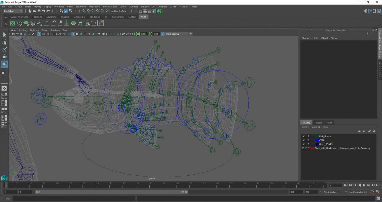 3D model Diver with Underwater Speargun and Fish Rigged for Maya