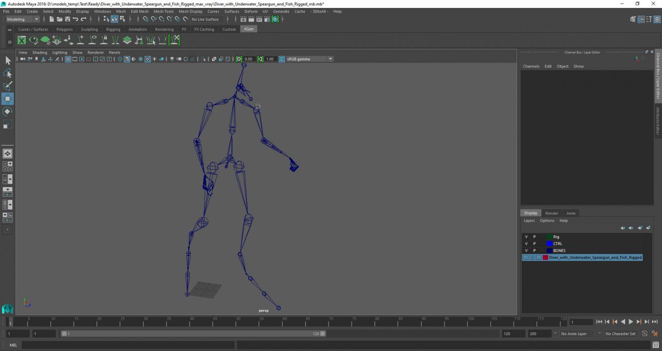 3D model Diver with Underwater Speargun and Fish Rigged for Maya