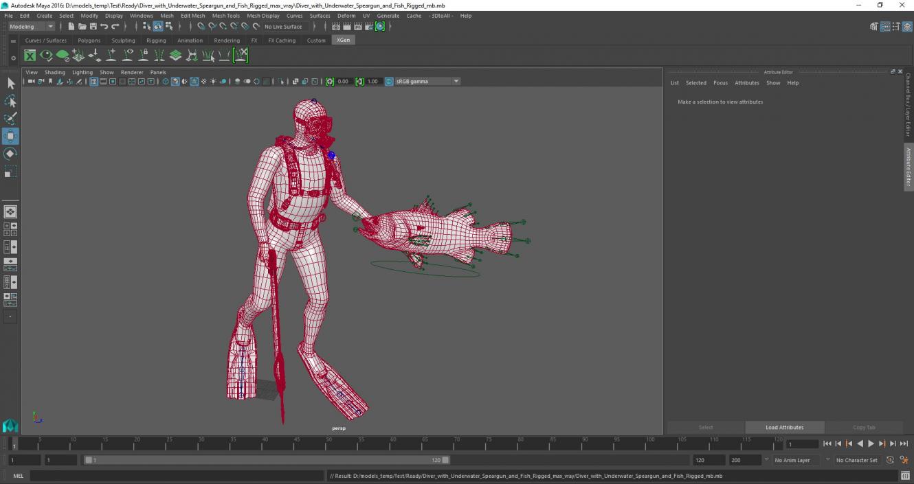 3D model Diver with Underwater Speargun and Fish Rigged for Maya