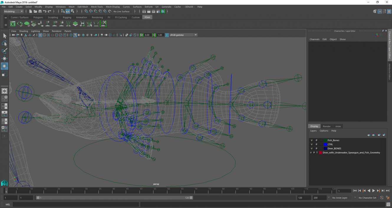 3D model Diver with Underwater Speargun and Fish Rigged for Maya