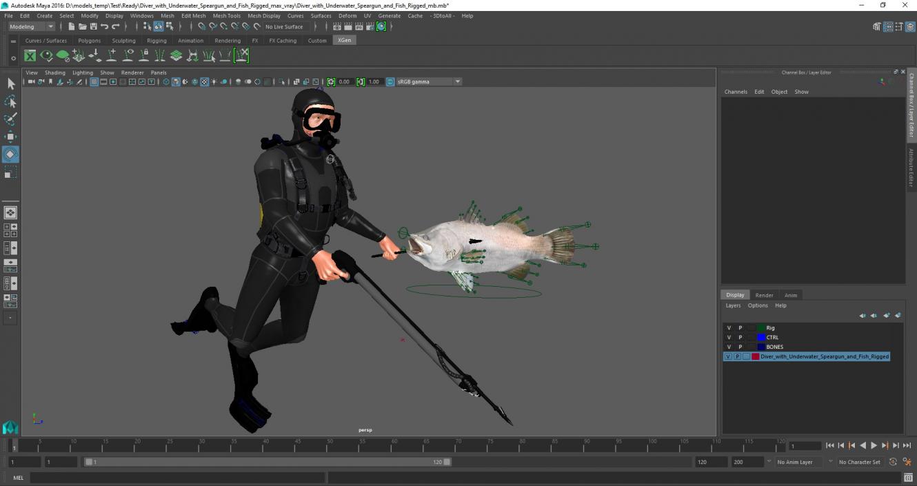 3D model Diver with Underwater Speargun and Fish Rigged for Maya