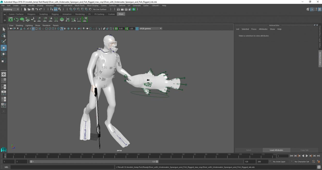 3D model Diver with Underwater Speargun and Fish Rigged for Maya