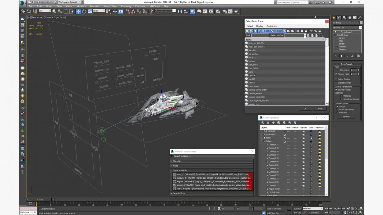 3D Sci Fi Fighter Jet Black Rigged