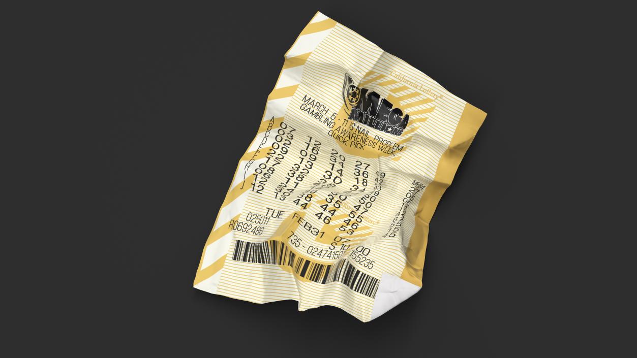 Crumpled Mega Millions Lottery Ticket 3D