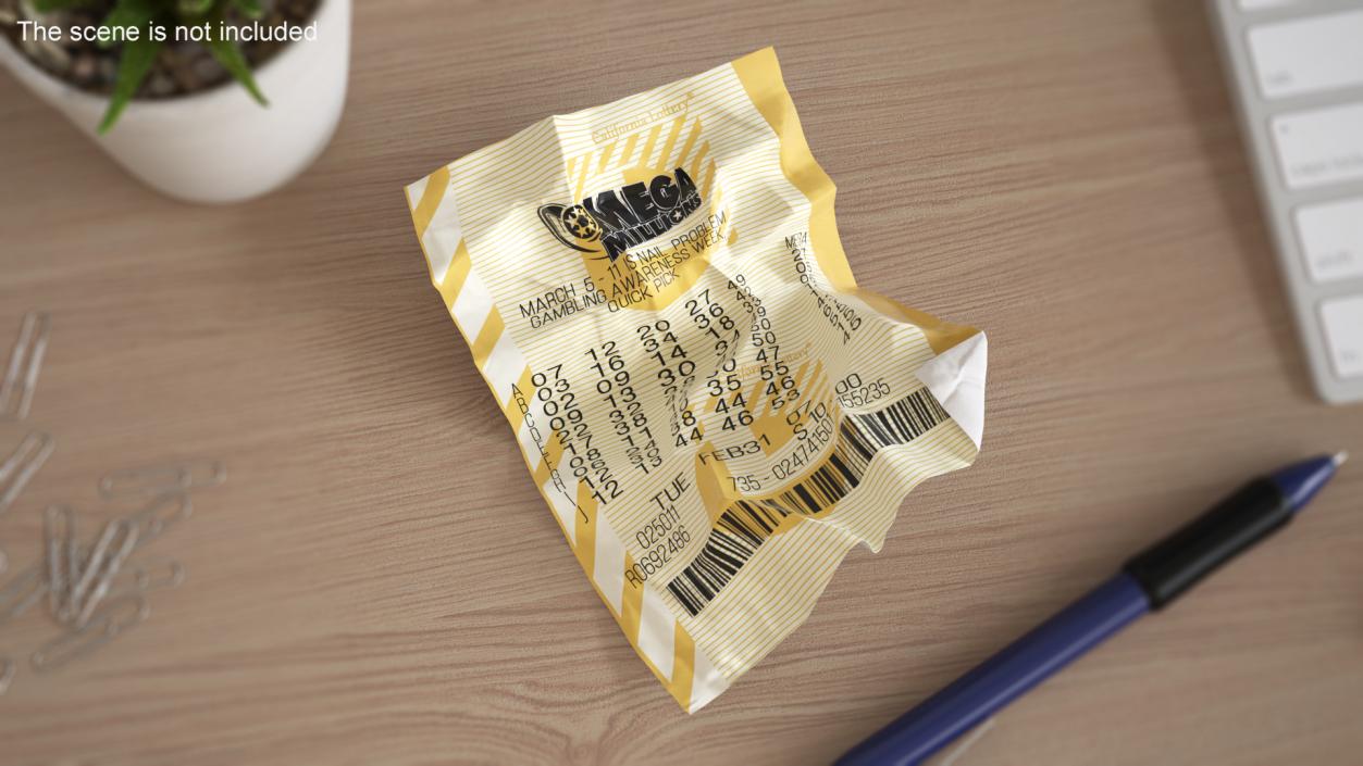 Crumpled Mega Millions Lottery Ticket 3D