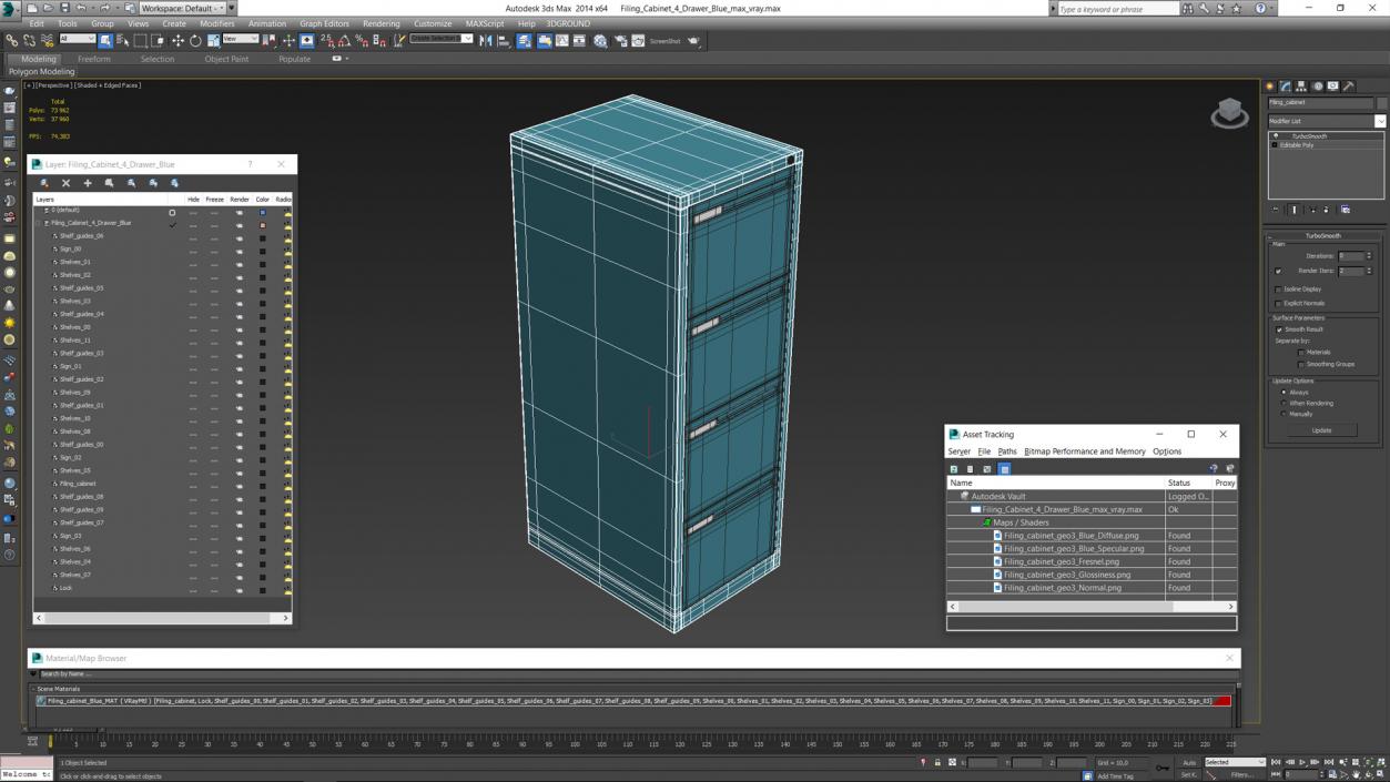 3D model Filing Cabinet 4 Drawer Blue 2