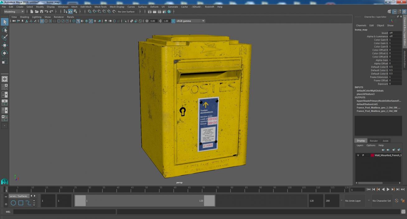 Wall Mounted French Yellow Mailbox 3D model