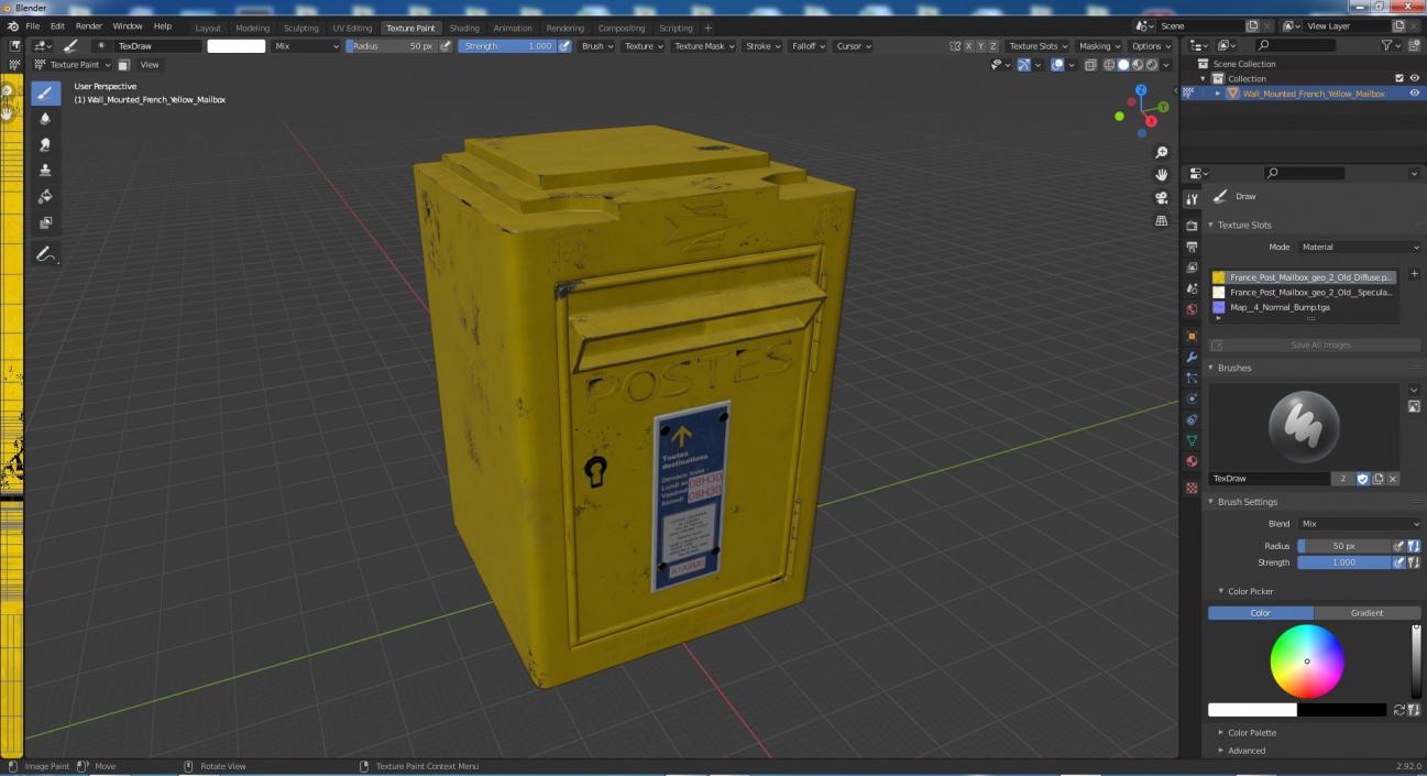 Wall Mounted French Yellow Mailbox 3D model