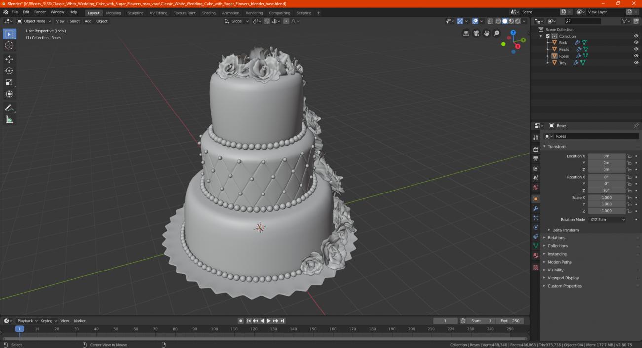 3D model Classic White Wedding Cake with Sugar Flowers