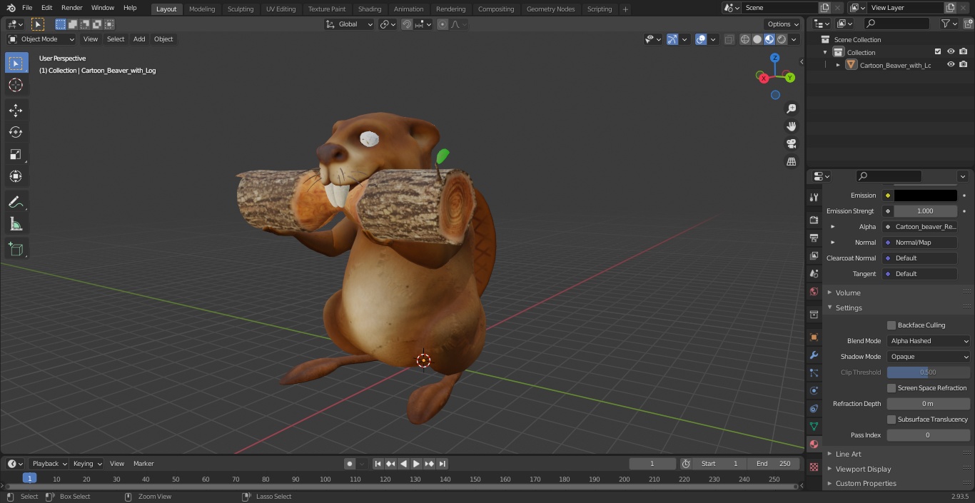 3D Cartoon Beaver with Log model