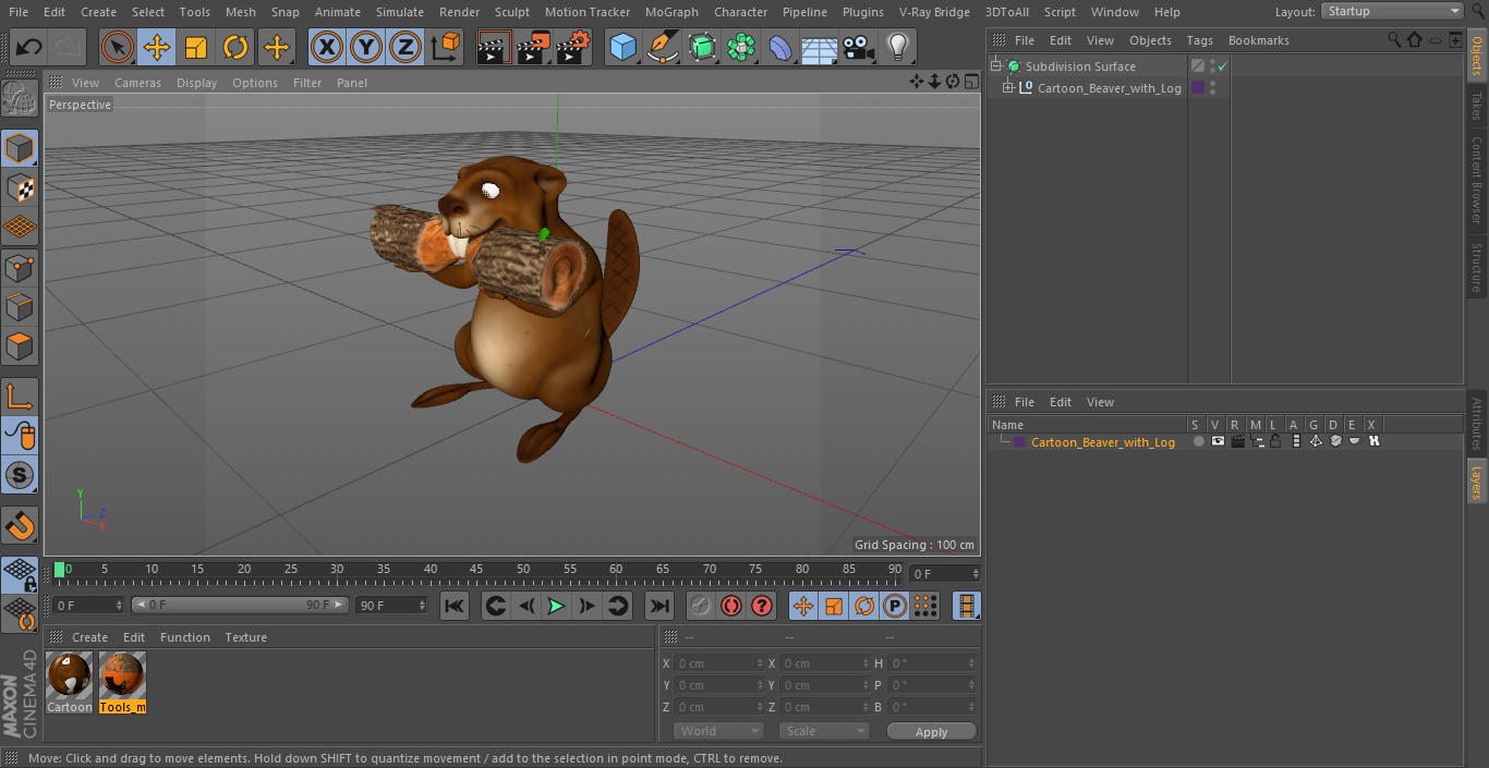 3D Cartoon Beaver with Log model