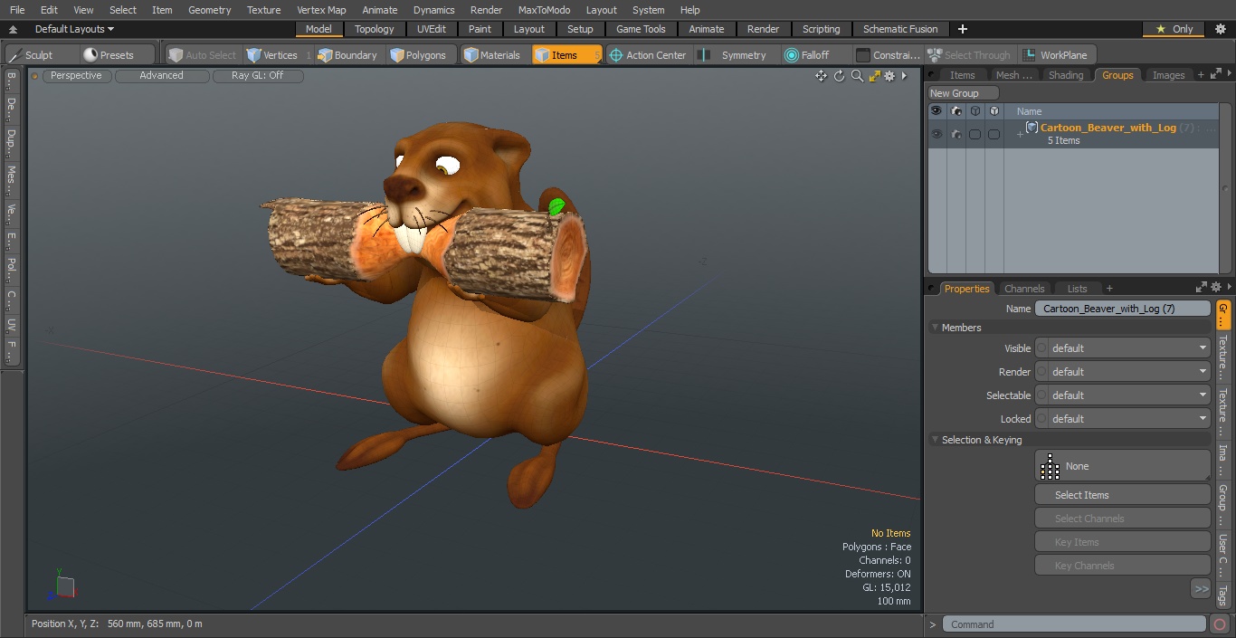 3D Cartoon Beaver with Log model