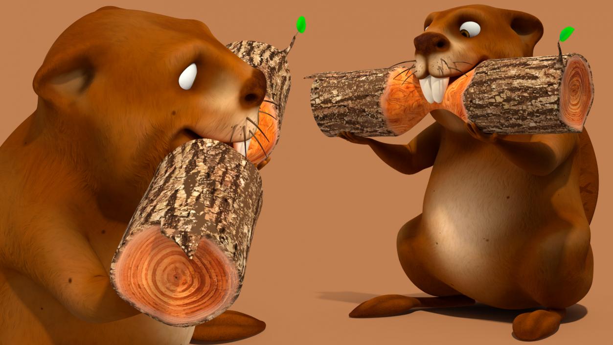 3D Cartoon Beaver with Log model