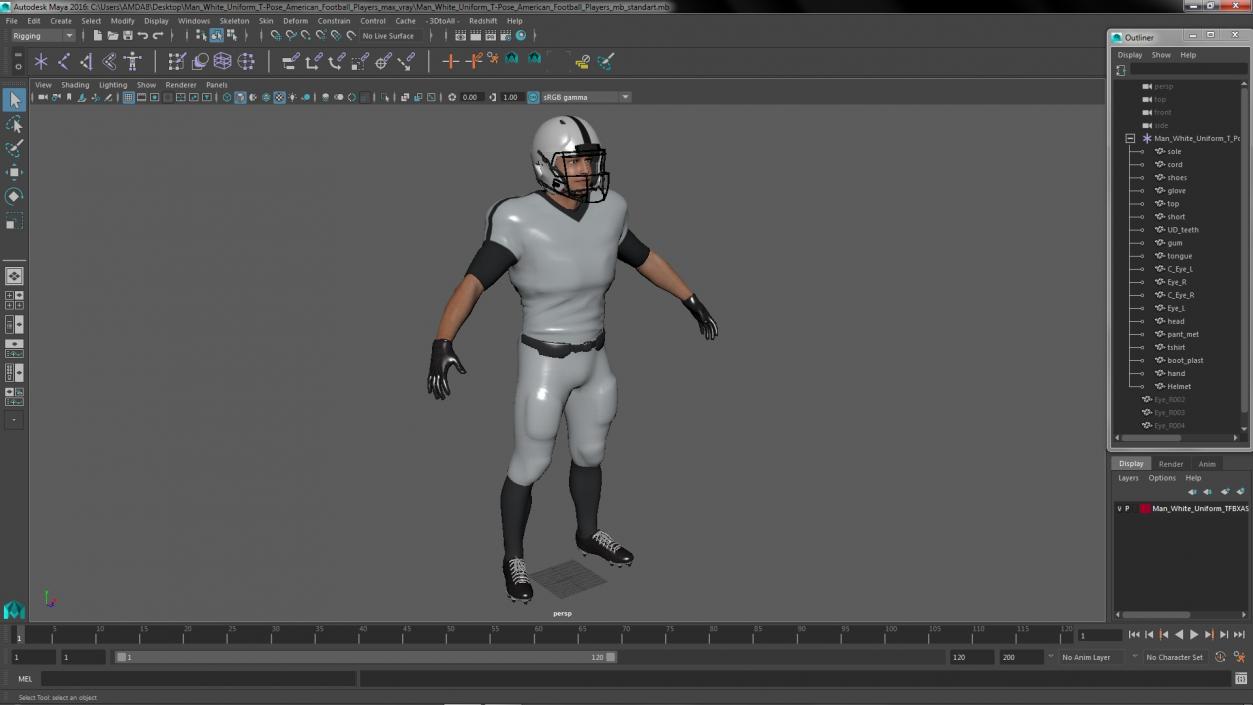 3D model Man White Uniform T-Pose American Football Players