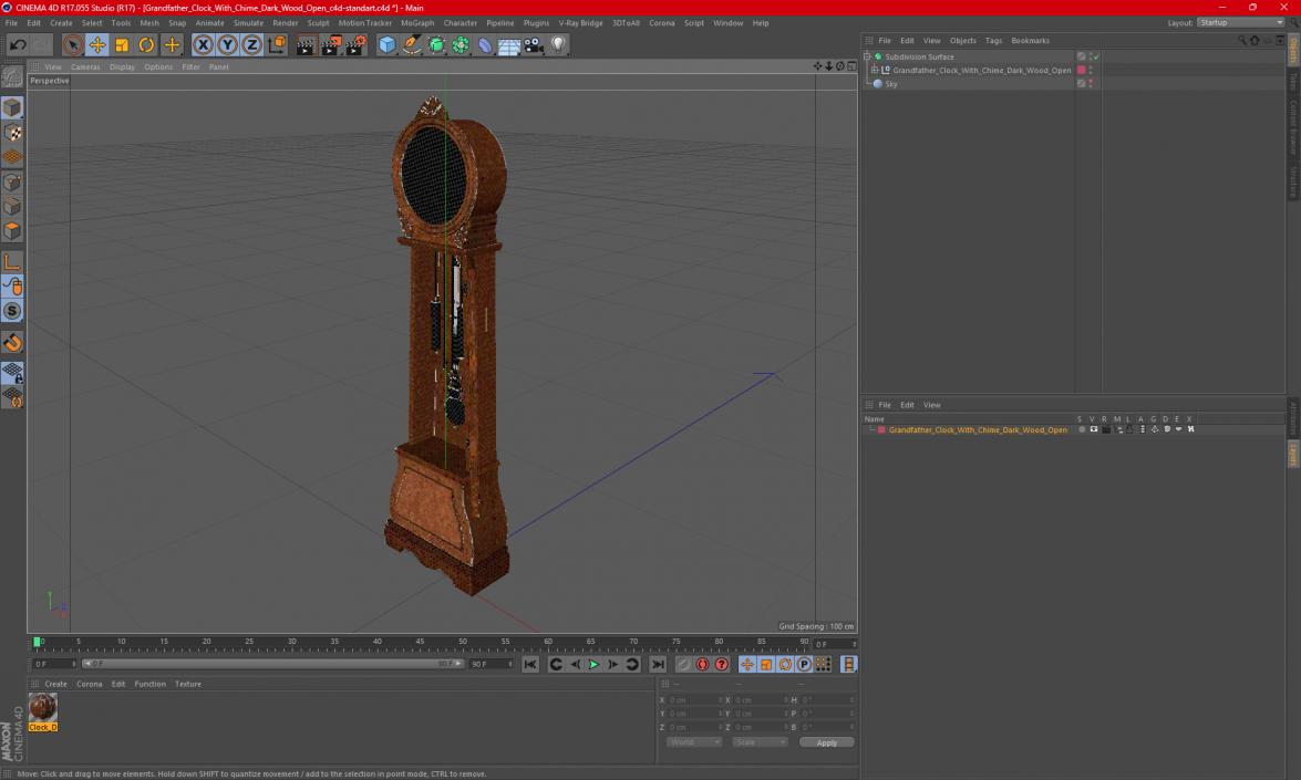 3D Grandfather Clock With Chime Dark Wood Open model