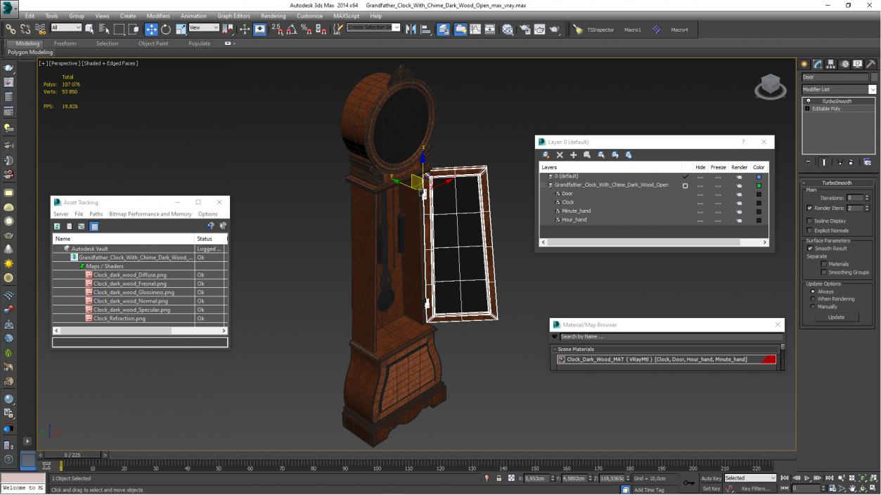 3D Grandfather Clock With Chime Dark Wood Open model