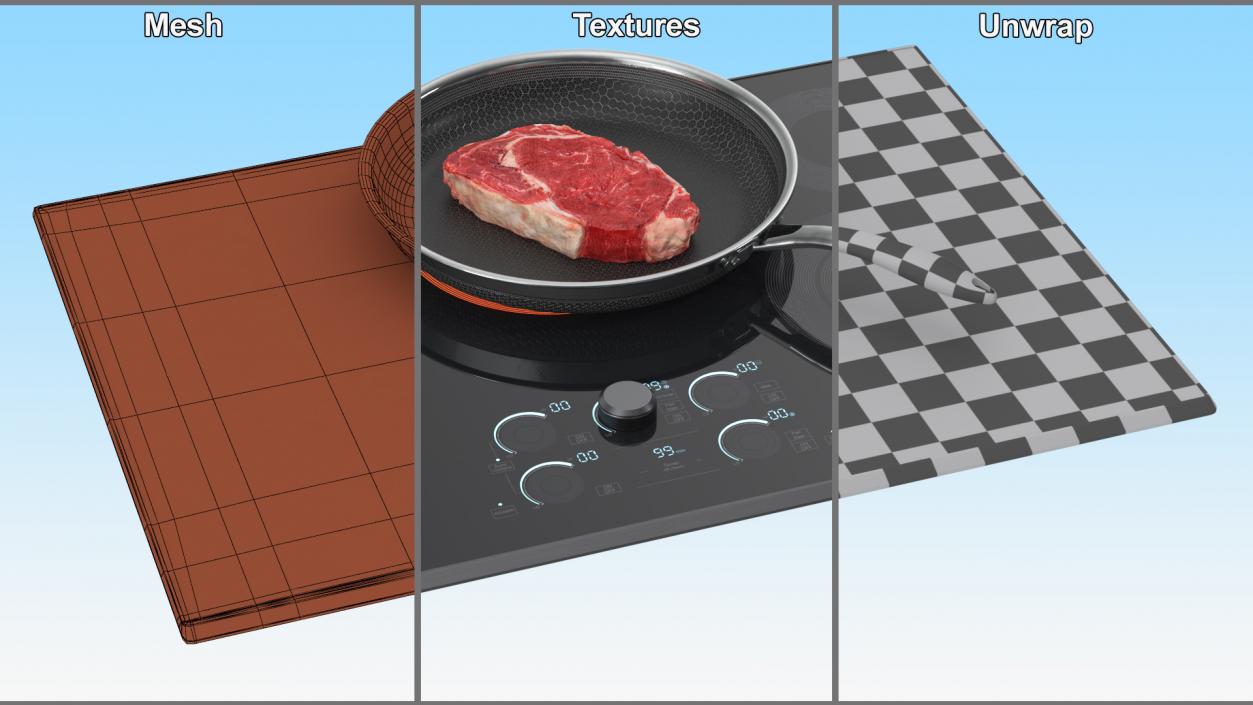 3D Induction Cooktop with Frying Pan and Steak model