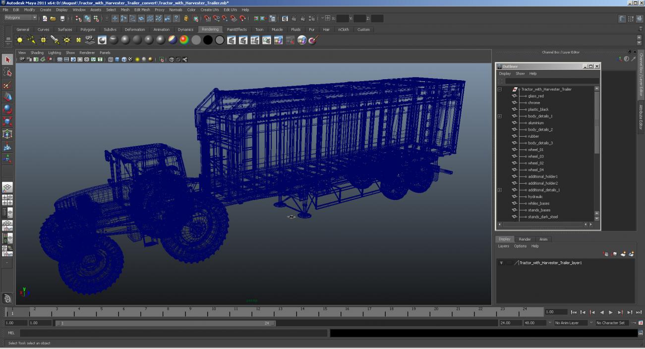 3D model Tractor with Harvester Trailer