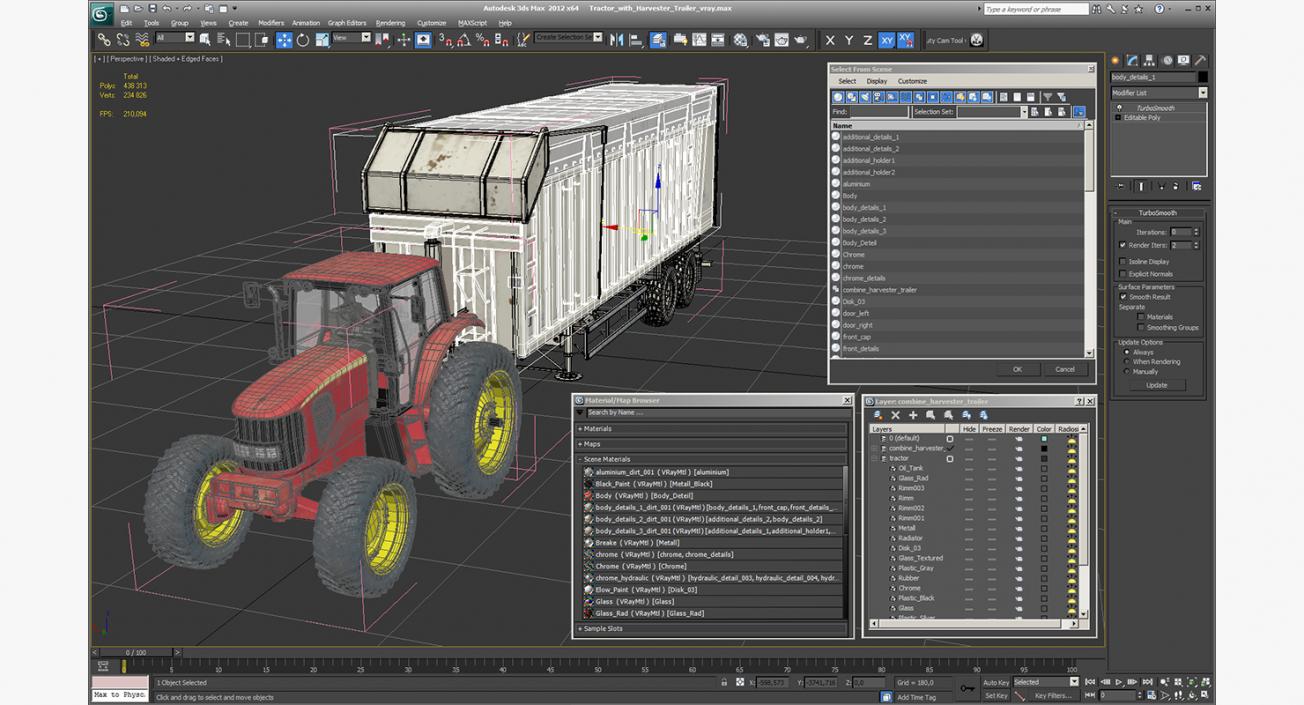 3D model Tractor with Harvester Trailer