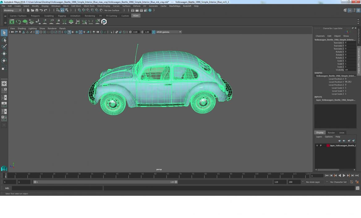 3D model Volkswagen Beetle 1966 Simple Interior Blue 3