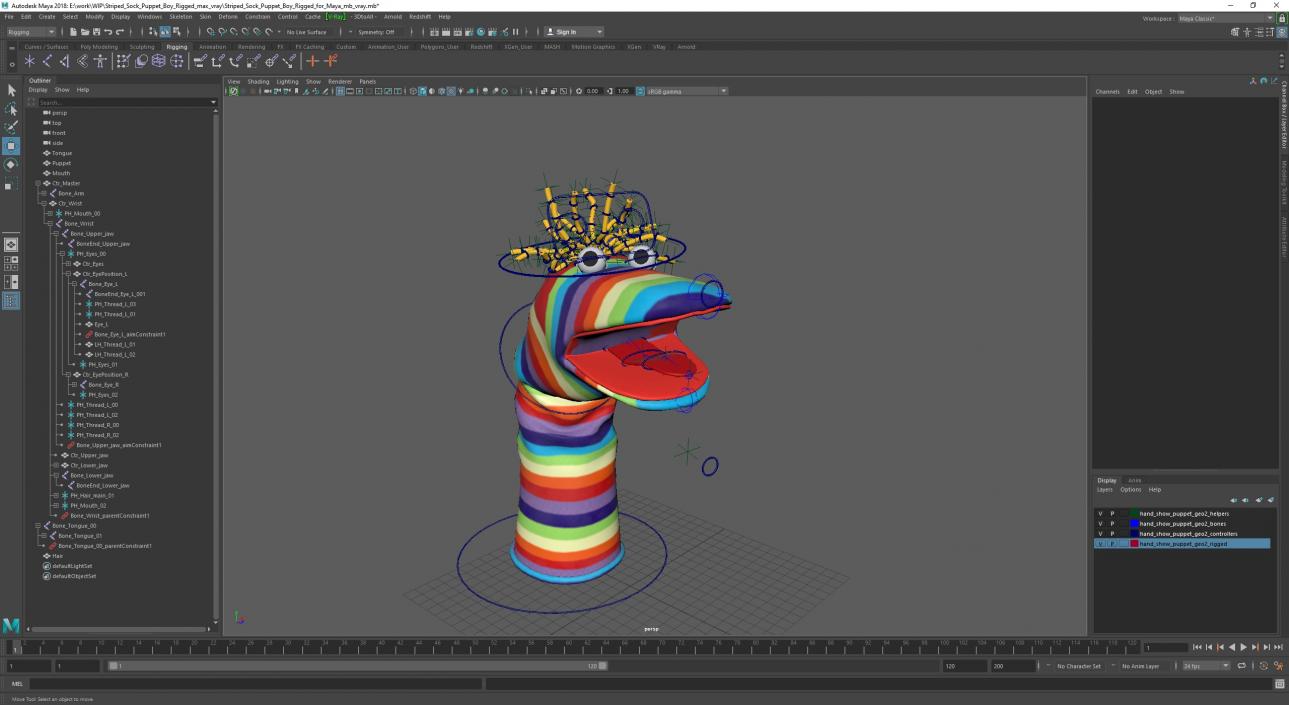 Striped Sock Puppet Boy Rigged for Maya 3D model