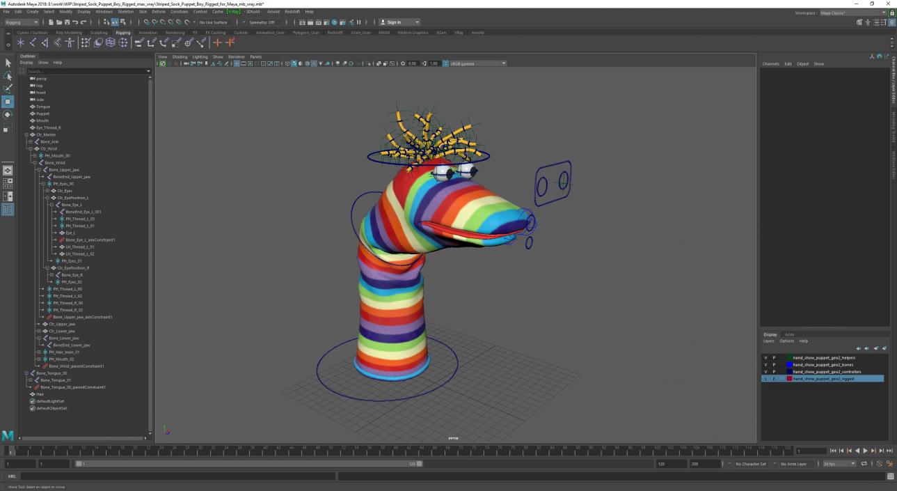 Striped Sock Puppet Boy Rigged for Maya 3D model