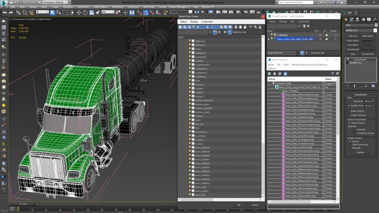 Heavy Duty Long Hood Truck with Tank Trailer 3D model