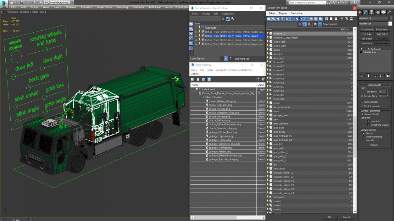 3D model Refuse Truck Electric Green Simple Interior Rigged