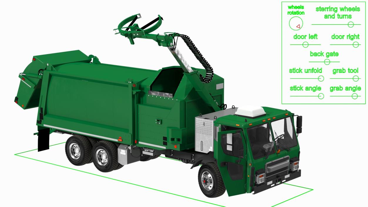 3D model Refuse Truck Electric Green Simple Interior Rigged