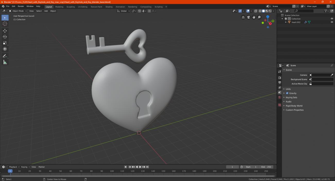 3D Heart with Keyhole and Key