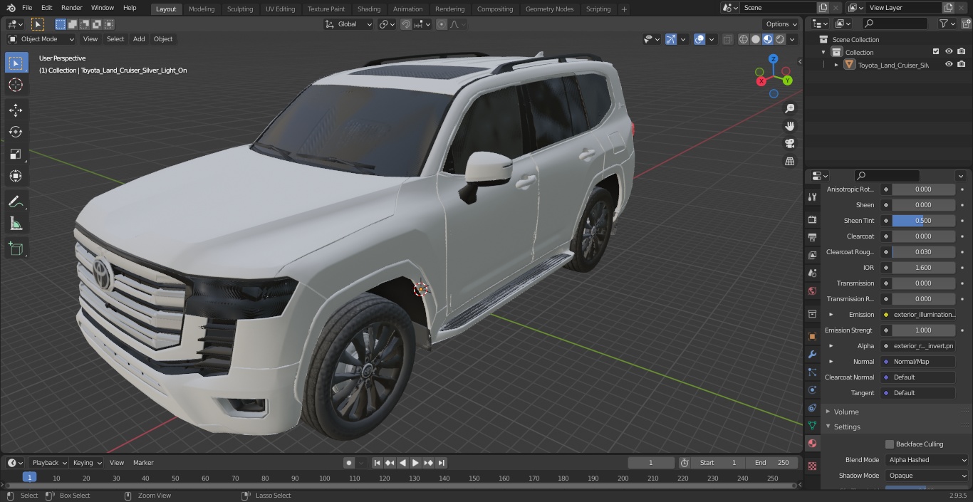 3D model Toyota Land Cruiser Silver Light On