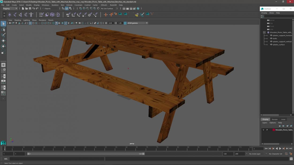 3D Wooden Picnic Table with Attached Benches