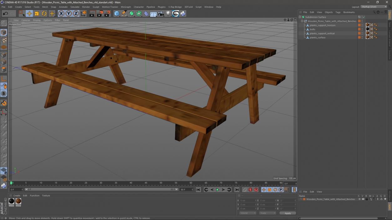 3D Wooden Picnic Table with Attached Benches